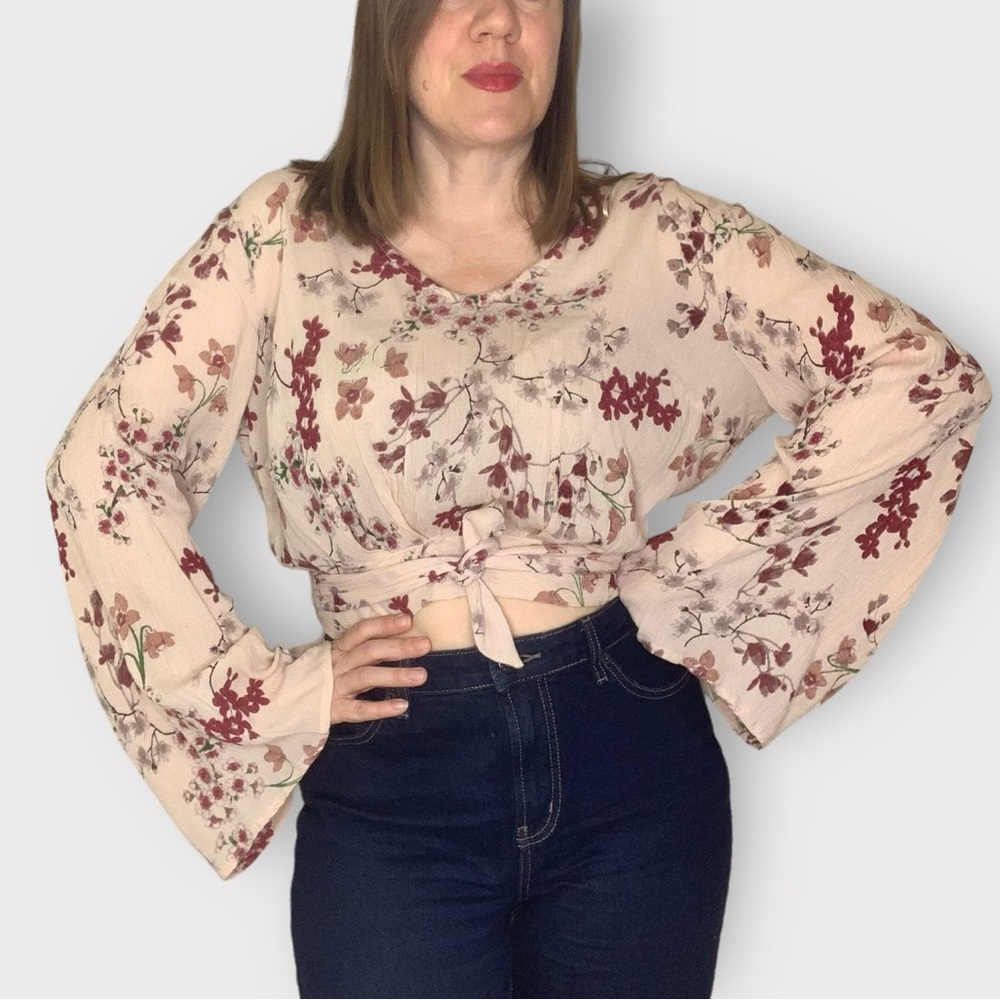 PATRONS OF PEACE Pink Floral Wide Sleeve Wrap Crop Top Women’s Size L Rayon Boho